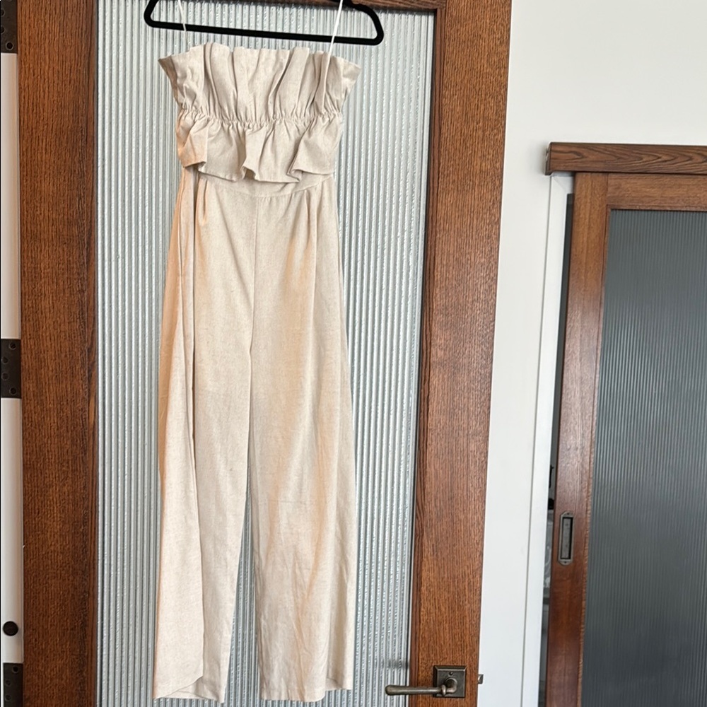 ASTR Cream Linen Strapless Jumpsuit
